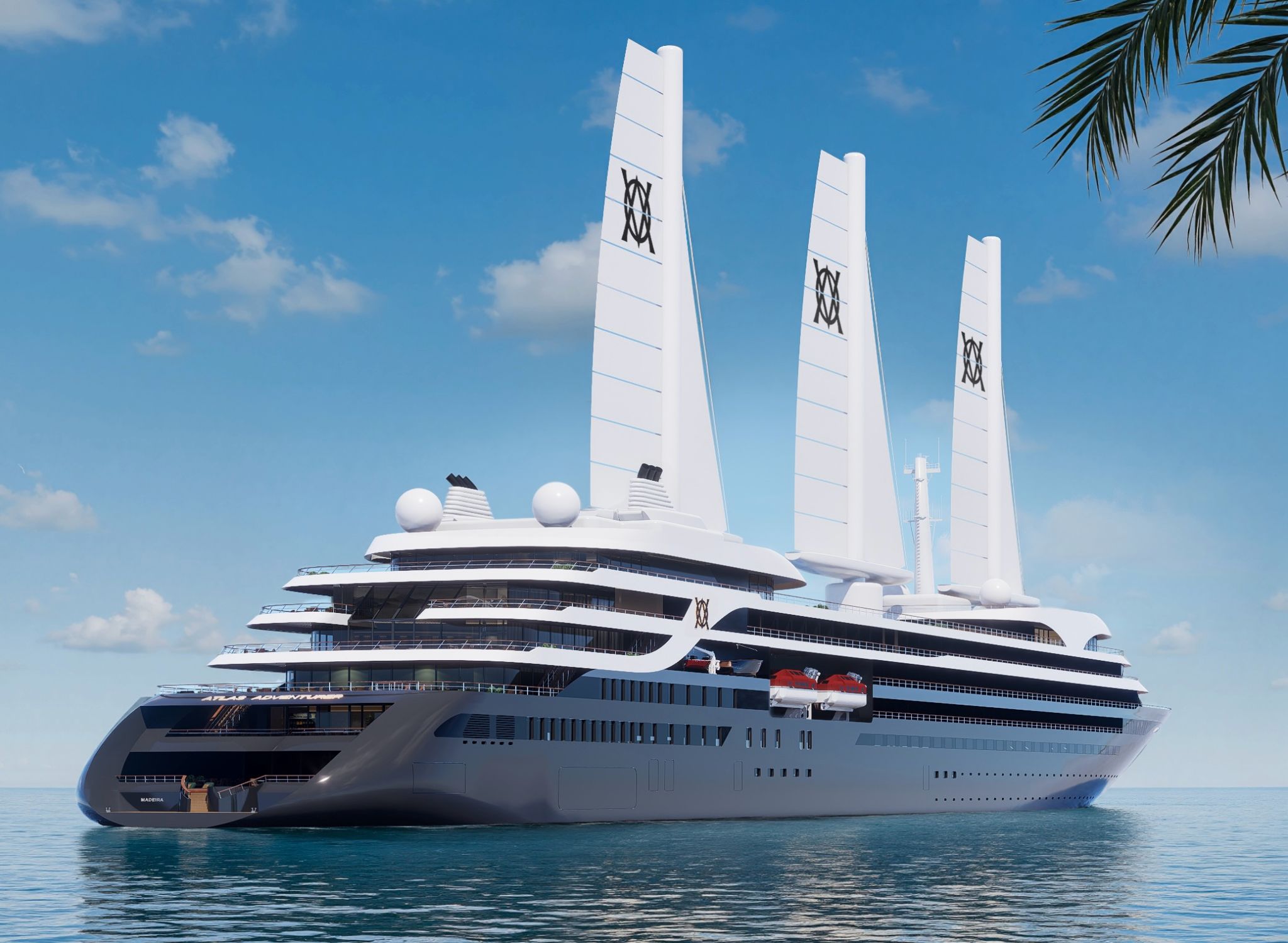 Atlas Adventurer, navio de cruzeiro de expedição moderno com três velas altas brancas com o logótipo Atlas, a navegar num mar calmo sob céu azul.