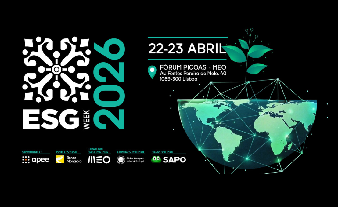 ESG WEEK 2026 event poster showing April 22–23 and Fórum Picoas (MEO), Lisbon, with a world map graphic and sustainability-themed design.